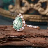 3 Carat Pear Cut Vintage Moss Agate Ring Pave Engagement Ring